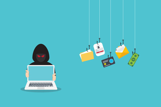 Hacker with laptop computer stealing confidential data, personal information and credit card detail. Hacking concept.	