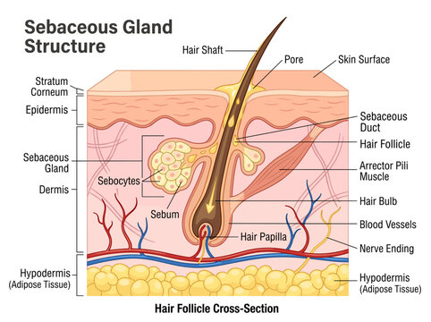 Sebaceous gland structure diagram vector illustration showing skin layers hair follicle oil secretion anatomy education dermatology healthcare biology lesson medical infographic resource