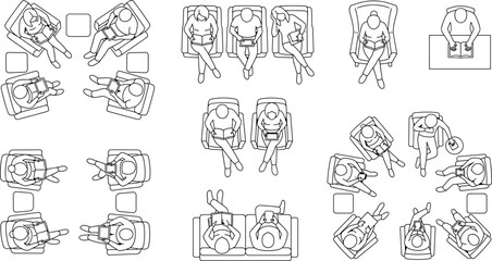 Obraz premium Top view of people sitting in armchairs reading books and using tablets in a lounge area