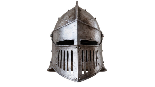 Medieval knight helmet with visor and metal rivets