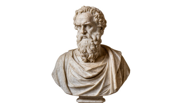 Marble bust of ancient Greek philosopher Socrates with beard and toga
