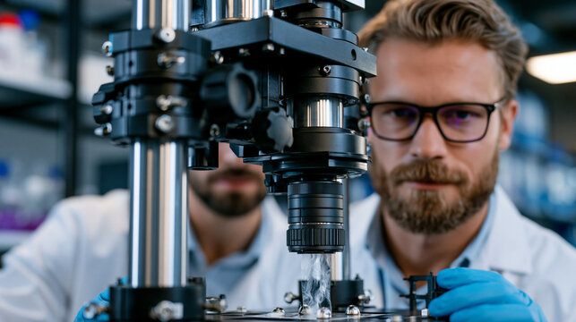Air quality materials engineer testing nanofiber filtration membrane tensile properties in mechanical testing rig, innovation laboratory, product durability research process in action, applied mater