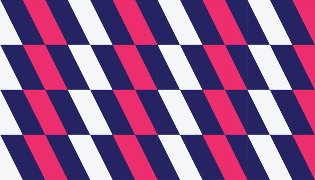 Abstract geometric seamless pattern with vibrant pink, indigo blue, and white shapes. Vector modern background featuring slanted parallelogram tiling and dynamic optical illusion texture.