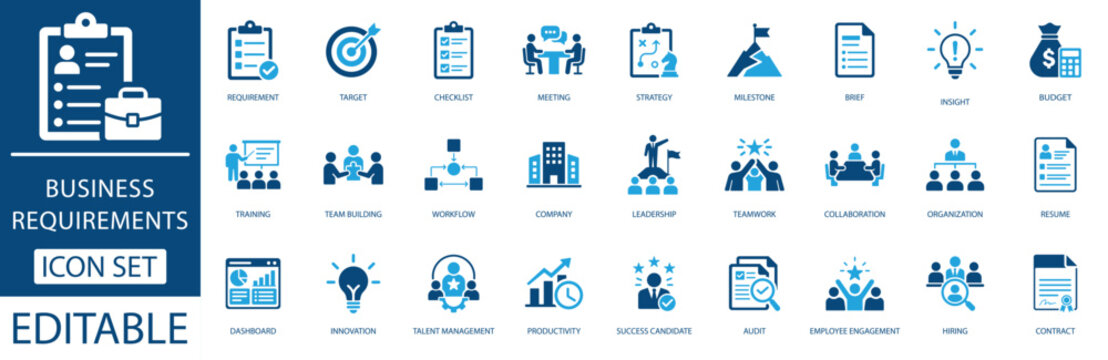 Business requirements  icon set. Featuring strategy, teamwork, talent management, and corporate recruitment. Vector icons for project presentations, office training, and HR portals.