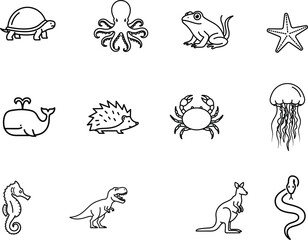 Obraz premium Diverse wildlife species presented as a set of black line art icons including marine and land animals isolated on a white background for educational use.