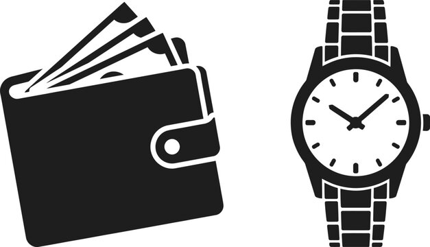 Wallet and Wristwatch Icons with Minimalist Flat Vector Style and Copy Space for Design Layout