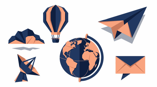Set of travel and communication icons featuring a globe hot air balloon paper plane satellite dish and envelope in a flat vector illustration style