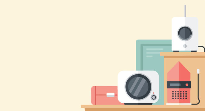 A clean and flat vector graphic featuring several electronic gadgets and smart home devices displayed on a light brown wooden shelving unit.