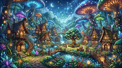 Fototapeta premium A vibrant mushroom village under starry sky.