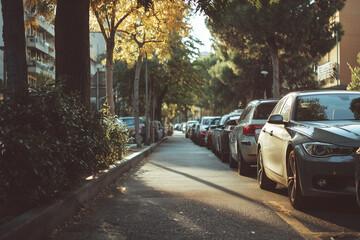 Obraz premium Cars Parked Along a Quiet Tree-Lined Urban Street
