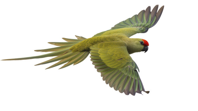 Green parrot with red head flying with wings spread