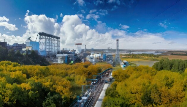 Aerial view of a modern industrial complex surrounded by autumn trees.