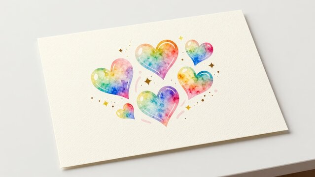 Colorful Watercolor Hearts with Sparkles on Textured Background