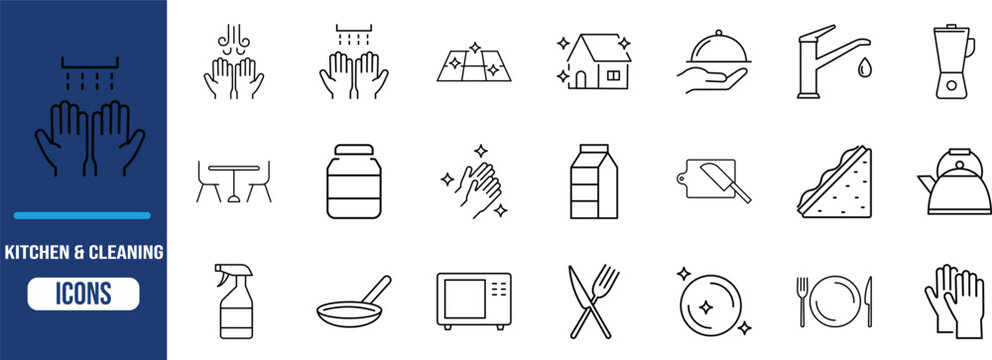 Home kitchen hygiene cleaning vector icons. hands icon set, blender icon set, sprayer icon set