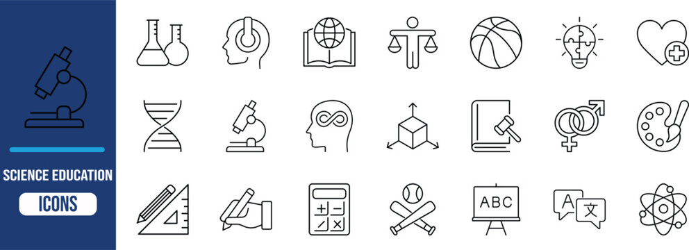 Universal education and science outline icons. flask icon set, microscope icon set, book icon set
