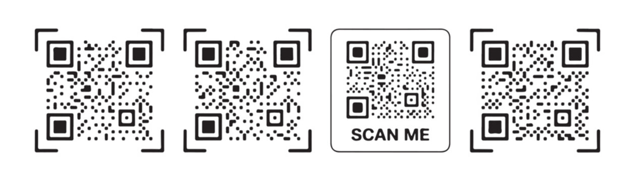 Set of modern flat design qr code icons for web marketing campaign with scan me text labels and black strokes.