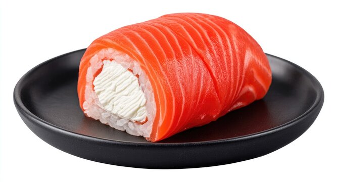 Salmon sushi roll on black plate