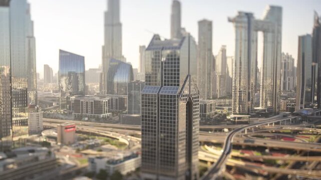 dubai skyline from a high vantage point using a tilt shift lens for a toy town effect