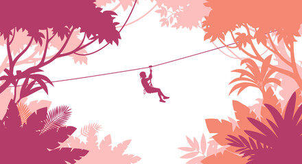 Silhouette of Person Ziplining Through Tropical Jungle Canopy © Junet