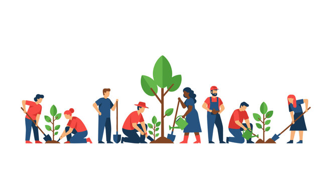 Diverse group of people planting trees in a community garden, environmental conservation