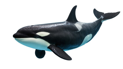 Orca whale swimming, black and white marine mammal with white eye patches © Niklas