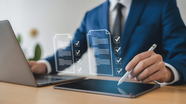 Businessman using tablet with digital documents and checklist for workflow optimization