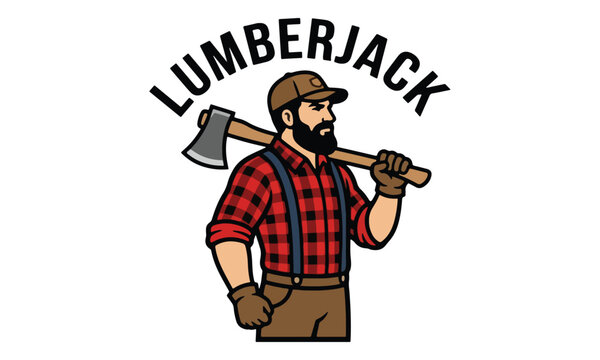 Lumberjack Mascot Holding Axe and Wearing Plaid Flannel Shirt