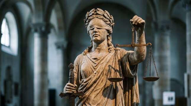 The statue of justice in a historic courthouse interior