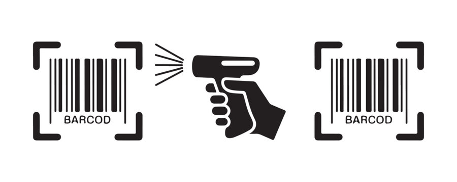 Hand holding barcode scanner device icon set for retail logistics and warehouse stock management operations.