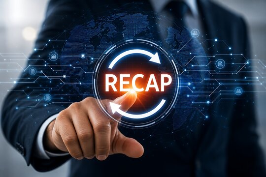 Professional businessman interacts with a glowing recap button highlighting digital technology and data analysis concepts