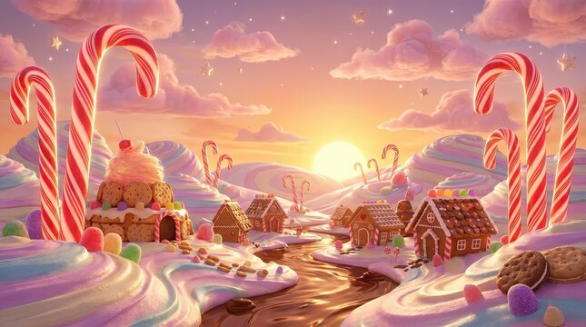 Playful Kitchen Textile Design, Kawaii Food Repeat Pattern, Whimsical Dessert Wallpaper, Whimsical Sugary Landscape at Sunset