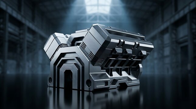 Massive futuristic metallic engine block sitting on a reflective surface inside a dark industrial warehouse for advanced engineering concepts
