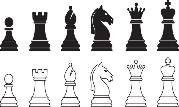 Set of black and white chess pieces icons including king queen knight bishop rook and pawn for board game strategy
