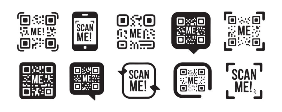 Collection of qr code icons with scan me text modern symbols for technology and business applications user interface design elements.