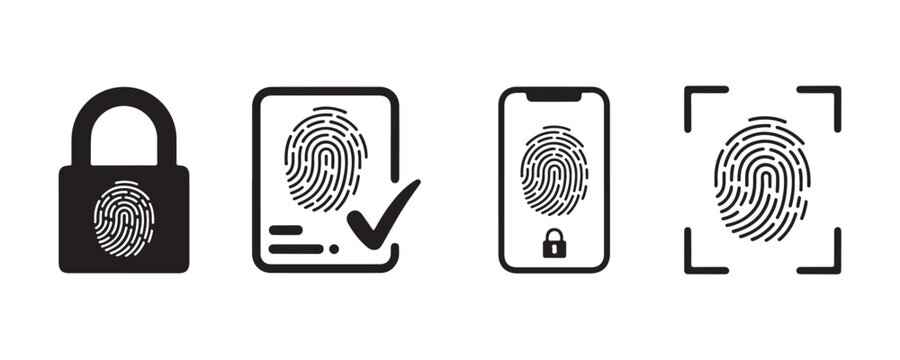 Fingerprint scanner icons and symbols for security technology and authentication concepts biometric identification methods.