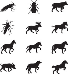 Obraz premium Set of wild animal silhouettes including insects deer horse and various creatures in black isolated on white background with silhouette