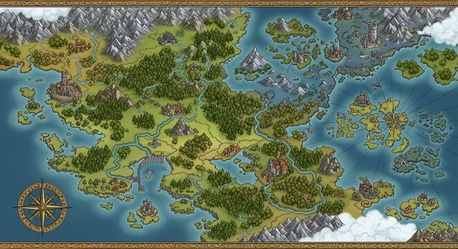 A detailed fantasy world map showcasing continents, mountains, rivers, and cities with a compass rose