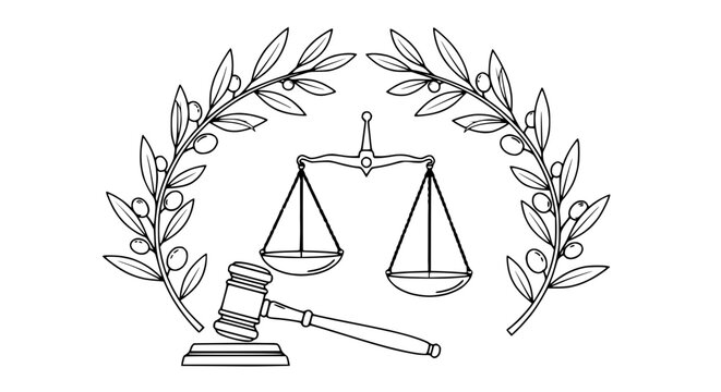 Justice Symbol: Scales of Justice, Gavel, and Olive Branch Wreath - Legal Concept