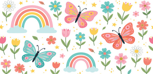 Cute Spring Butterfly and Flower Vector Illustration Set with Pastel Rainbows Daisy and Tulips for Nursery Patterns and Kids Graphic Designs © Rownok