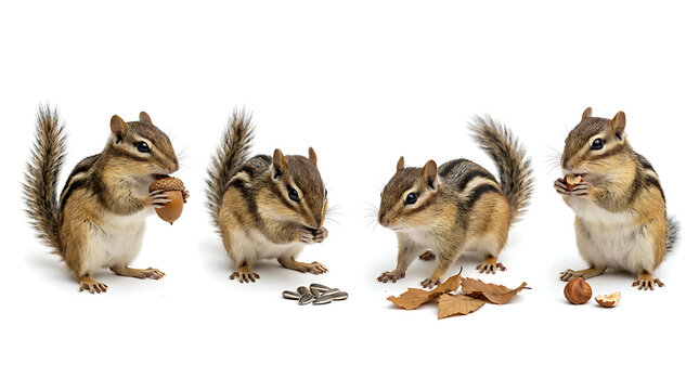 Four cute little chipmunks eating nuts and seeds isolated on white background studio shot