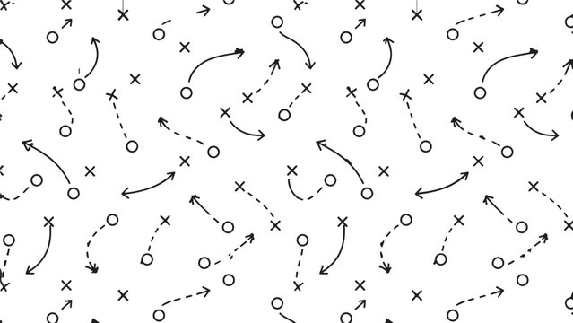 Black and white tactical sport game plan pattern with circles crosses and arrows showing movement strategy