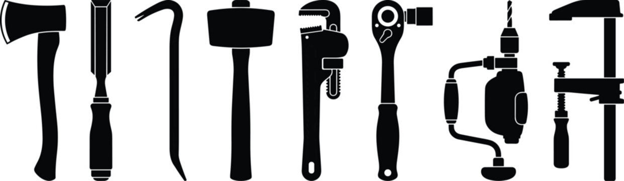 Hand Tool Silhouette Vector Set with Carpenter and Construction Equipment IconsHand Tool Silhouette Vector Set with Carpenter and Construction Equipment Icons