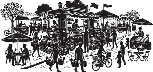 Obraz premium Black and white, outdoor market scene, vector illustration, city street, people walking, cafe