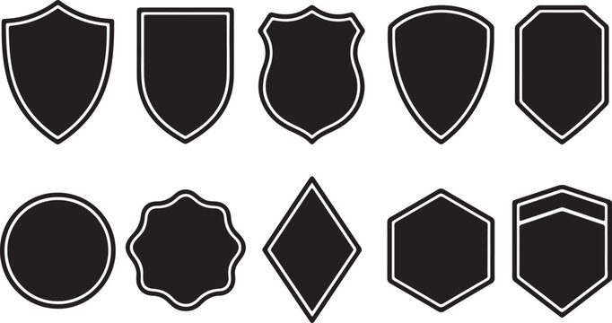 Set of ten different black shield and badge shapes with outline borders for logo design and graphic design elements