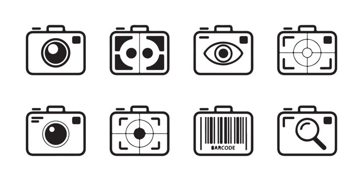 Camera scanner icons with focus targets and barcode reader symbols set on transparent background for photography.