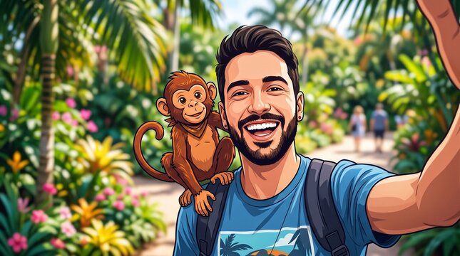 Young man taking a selfie with a small monkey on his shoulder while walking through a bright and tropical jungle park path.