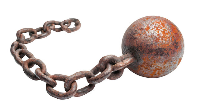 Rusty vintage iron ball and chain shackle, medieval dungeon prop for historical and fantasy design, isolated on white background