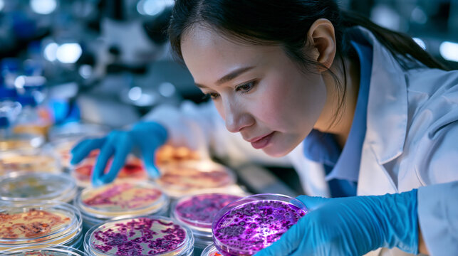 Antibiotic resistance microbiologist photographing bacterial colony growth patterns on petri dish array under laboratory lighting, resistance profiling research, university microbiology department, 