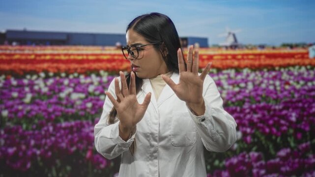 Doctor woman in white coat holds hand to chest and recoils with palms out in studio; anxiety hesitation.