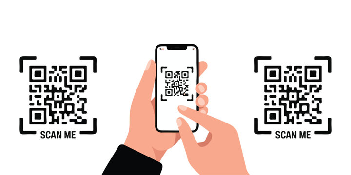 Hand holding smartphone scanning qr code frame on transparent background for mobile payment and digital access.